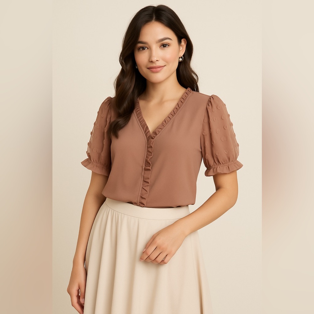 Flower & Feather Women’s Brown Boho Textured Ruffle Blouse